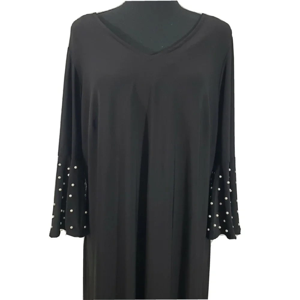 Women's Roz & Ali 1X Black Pearl Embellished Flutter Sl. Open Back Midi Dress - Picture 2 of 6